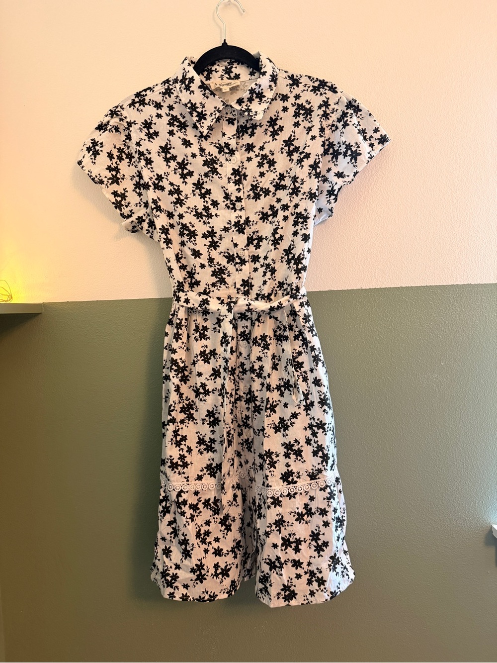 (NWOT) White Button-Front Mini Dress with Black Floral Print